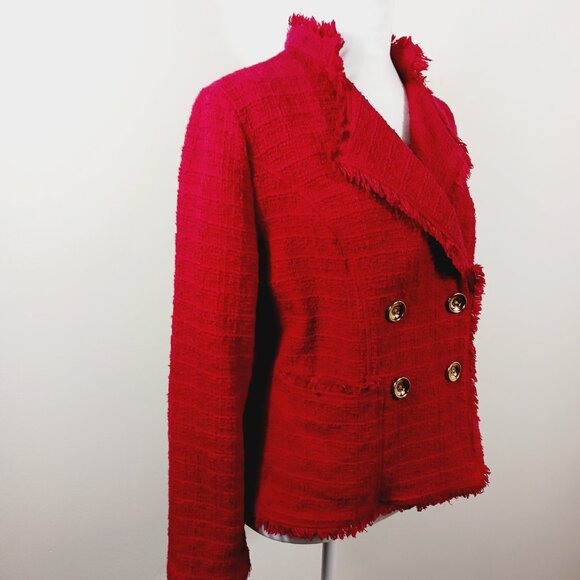 Chico's Red Jacket, Size 1, Double Breasted, 100% Cotton with Cotton Fringe - Picture 3 of 16